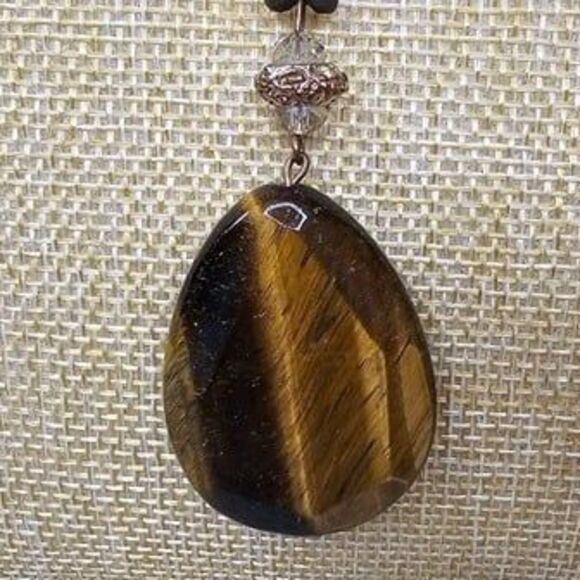 Copper Tone Chain & Bead Necklace with Natural Tiger's Eye Stone Pendant 30"L - Picture 3 of 6